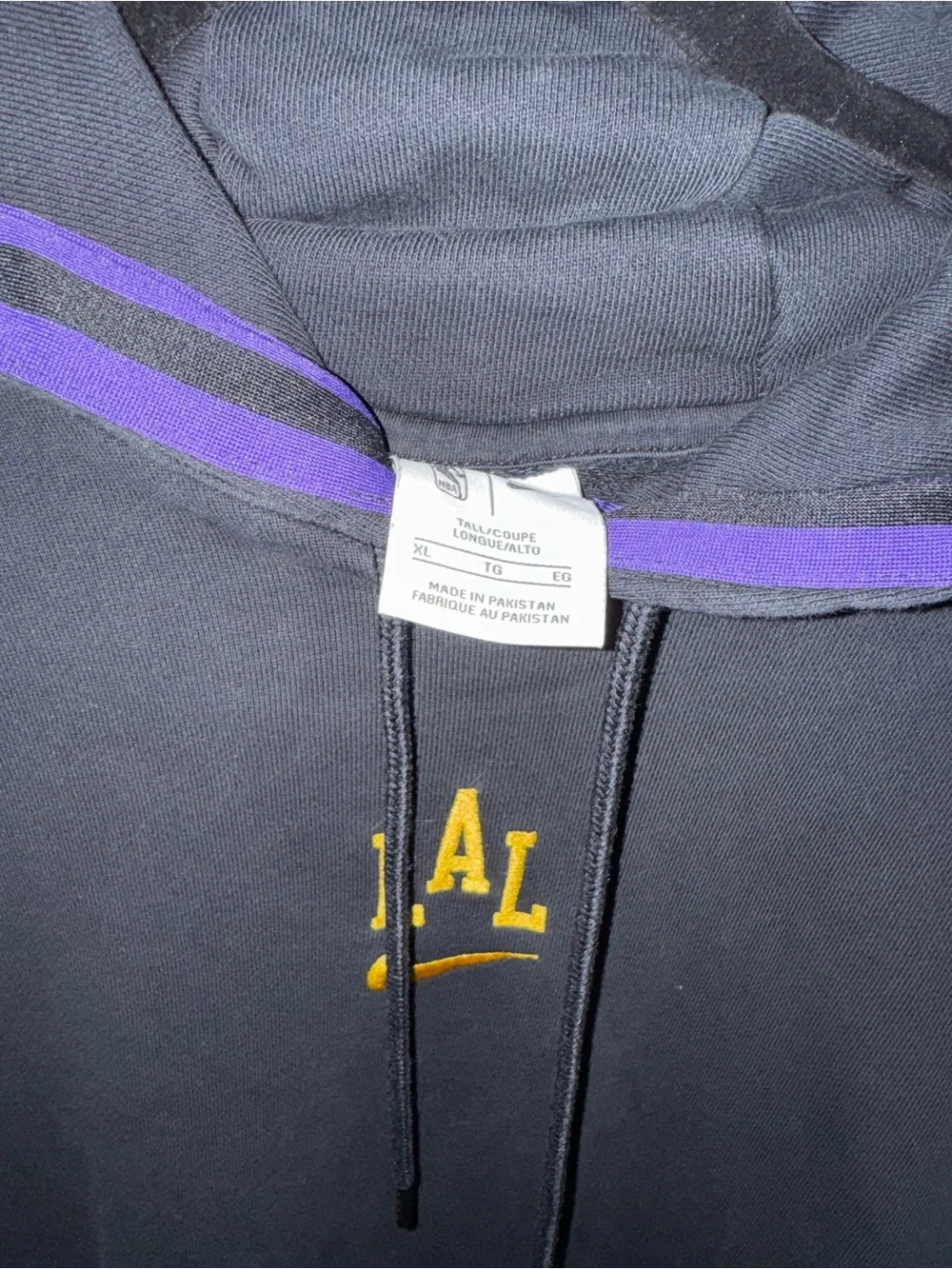 Nike Men's Black Hoodie with Purple Lined Hood & Yellow LAL Detail